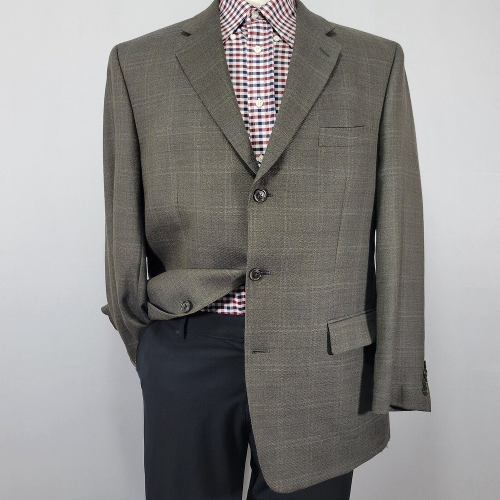 Calvin Klein Men's Sport Coat Blazer Three Button Brown Plaid‎ Wool Soft 44R